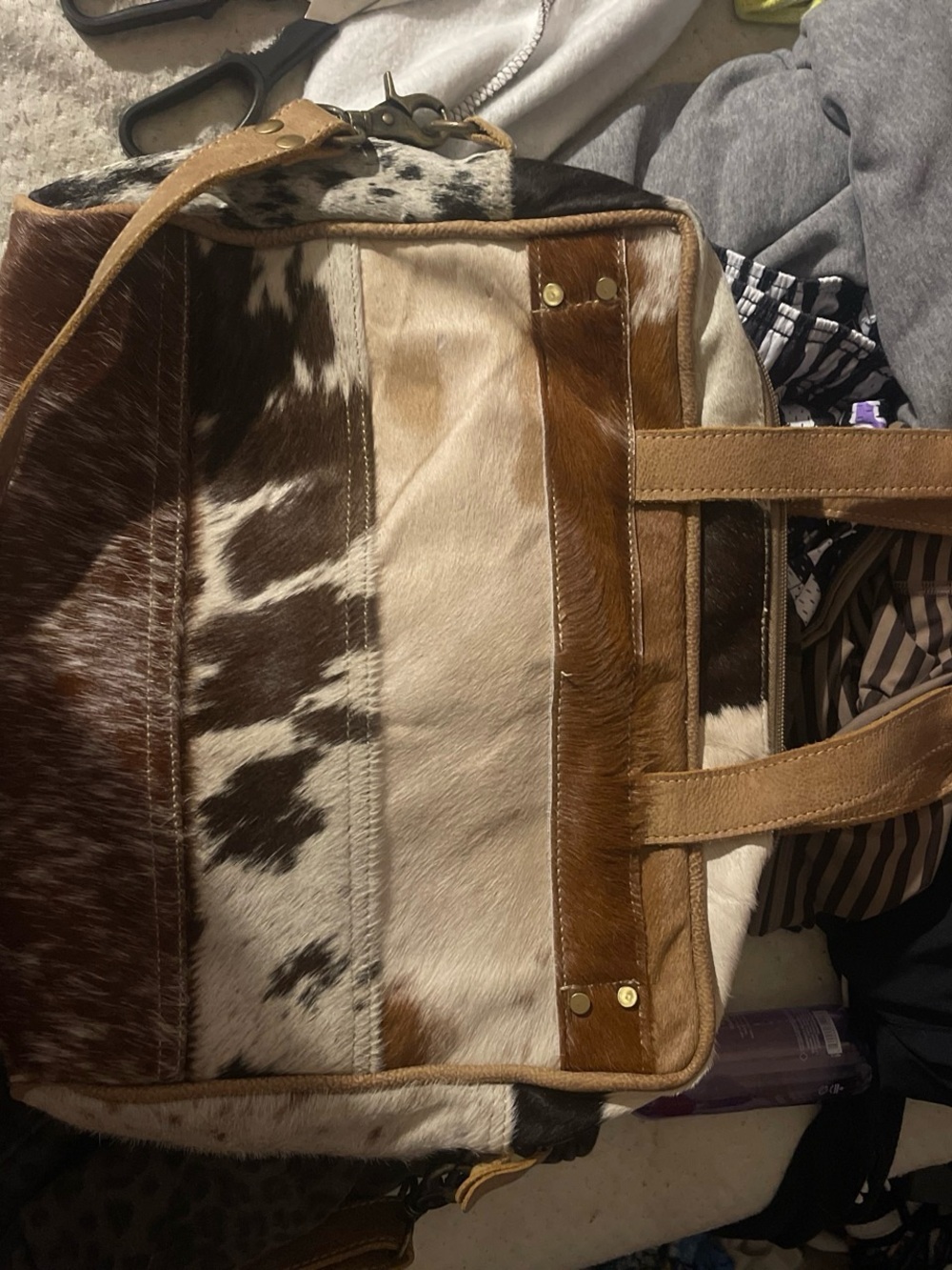 Brown and White Cowhide Leather Tote Bag